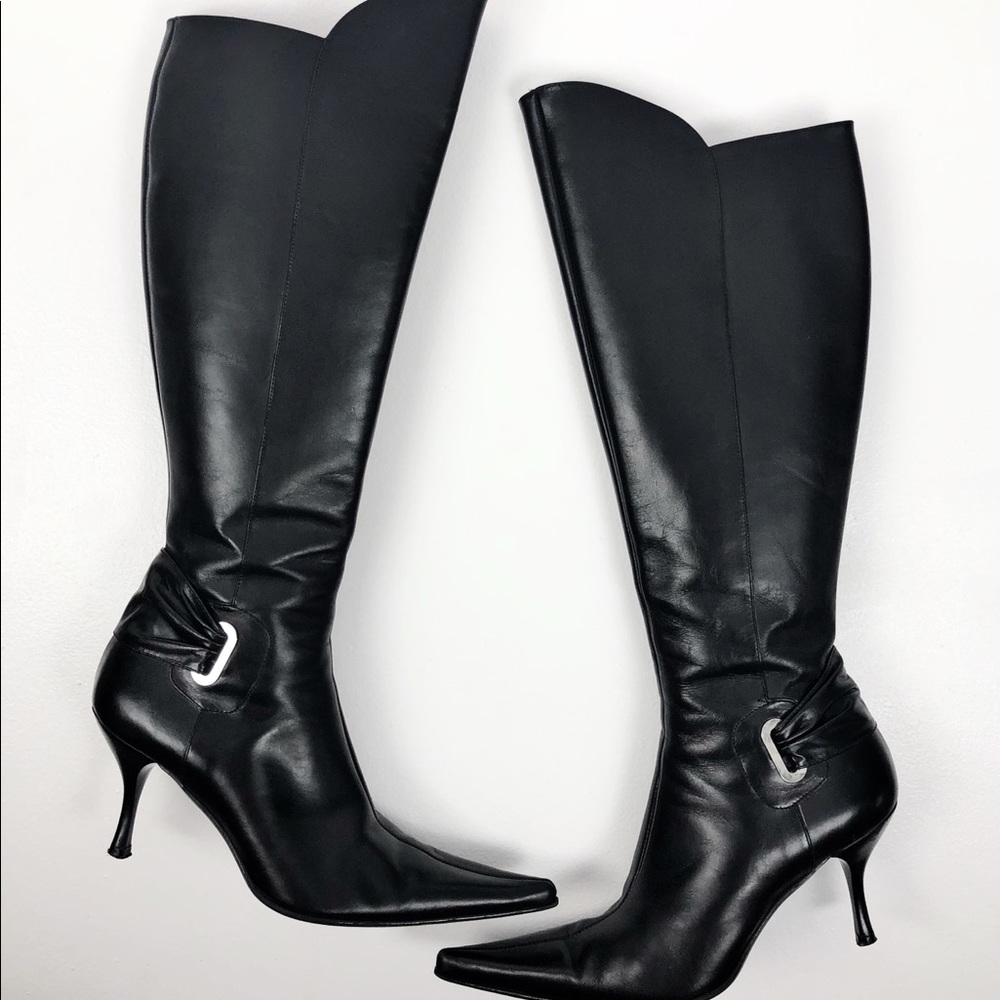 Bebe |  Black Pointed Toe Knee High Leather Boots
